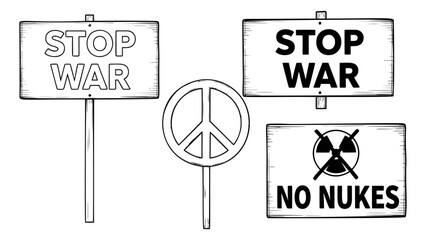 Line art protest signs set featuring messages of 'stop war' and 'no nukes' alongside a peace symbol for anti-war activism