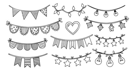 Hand drawn line art decoration set featuring garlands, string lights, and a heart for celebrations and events