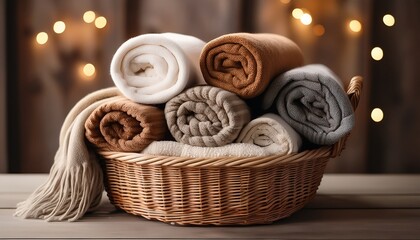 Obraz premium a cozy basket filled with soft rolled blankets perfect for adding warmth and comfort to any space
