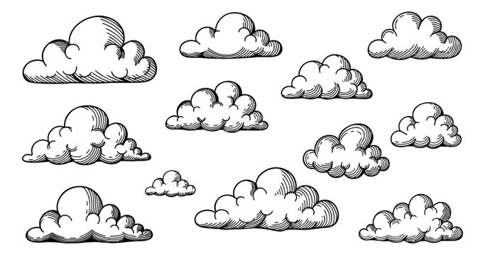 Hand drawn line art clouds set featuring various fluffy shapes for weather design