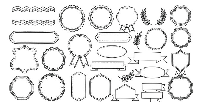 Hand drawn line art frame and ribbon set featuring decorative badges and laurel wreaths for design