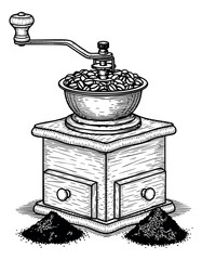 Hand drawn line art illustration of a coffee grinder depicting coffee beans and ground coffee for coffee preparation
