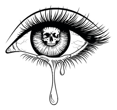 Grunge line art illustration of an eye with a skull pupil depicting tears dripping for a gothic horror concept