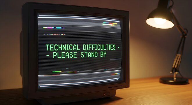 Computer screen displays technical difficulties message on wooden desk