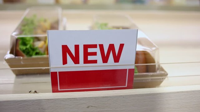 Fresh prepackaged sandwich on a grocery store shelf with a red NEW promotional sign. Concept of convenient ready-to-eat meal and retail marketing in a modern supermarket.