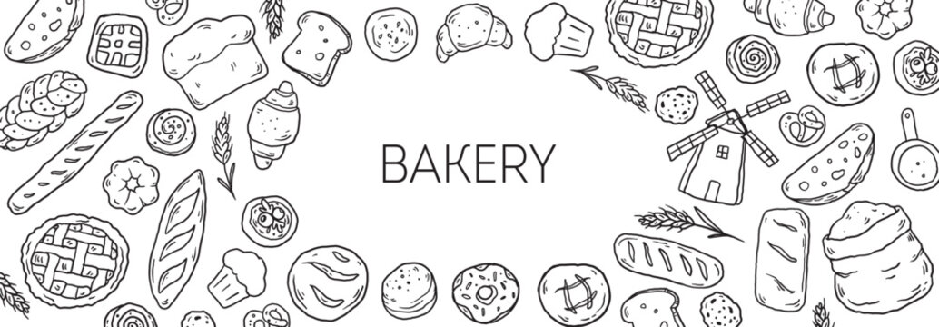 Hand drawn bakery sketch frame in simple minimal line art style. Top view composition with assorted pastries, bread, flour bag and vintage windmill. Doodle vector  illustration