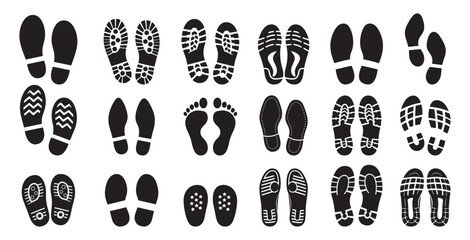 human barefoot and shoe footprints icons set in black and white silhouette style vector illustration,  walking footsteps and shoe sole prints collection in minimal flat style vector illustration © Muhammad