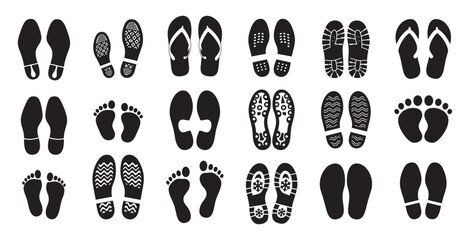 human barefoot and shoe footprints icons set in black and white silhouette style vector illustration, walking footprints and shoe sole prints collection in minimal flat style vector illustration © Muhammad