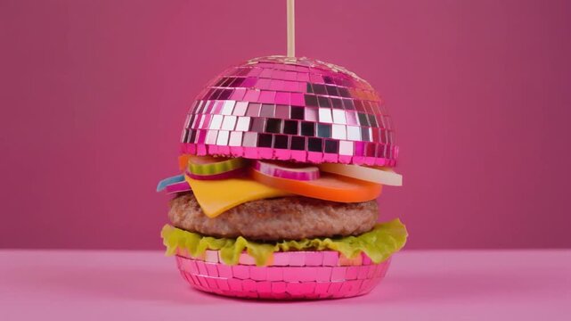 A surreal burger with a glittering pink disco ball bun and colorful ingredients sits against.