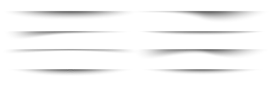 Horizontal shadow overlay effect. Collection of shadow strips, page dividers, and edge shadow elements. Paper drop shadow effect with 3D shaded lines on a transparent background. Vector