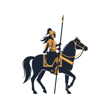 A courageous female warrior rides a black horse wielding a spear