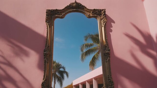 Ornate vintage mirror reflecting blue sky and shadows on a pink wall. A stylish and surreal .