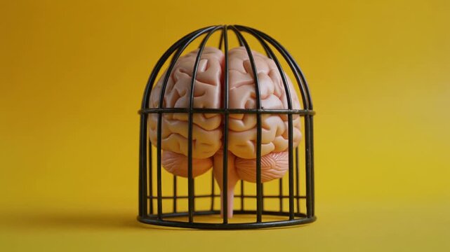 Brain encapsulated in a cage against a bright yellow background