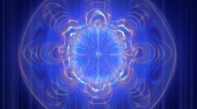 Glowing blue fractal mandala pattern evolving creating a Psychedelic iridescent holographic effect