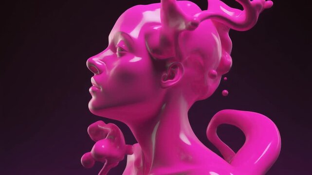 Abstract Artistic Sculpture of Female Face in Vibrant Pink with Dynamic Fluid Elements Expre.