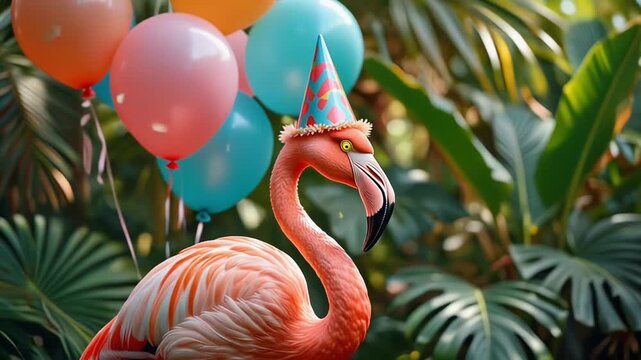 A playful flamingo adorned with a party hat surrounded by balloons in a lush tropical settin