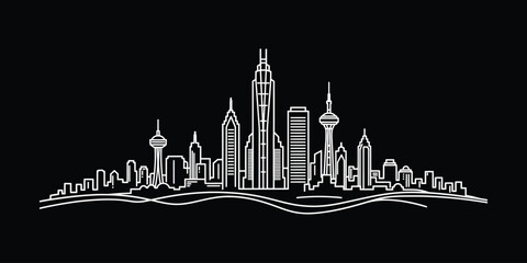 A futuristic city skyline at dusk with sleek skyscrapers