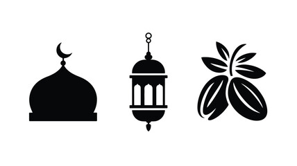 Fototapeta premium Ramadan logo silhouettes arrange with mosque dome lantern and dates on white background for islamic holiday