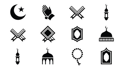 Naklejka premium Islamic symbols and icons set black on white background religious emblems collection