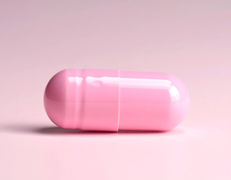 Macro shot depicts a single, light pink capsule with a visible seam. The pill is positioned horizontally on a matching pink surface