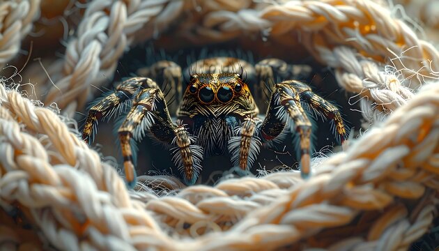Macro shot of a brown jumping spider, featuring intricate patterns and large eyes, nestled within a woven rope