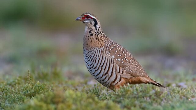A beautiful partridge in nature. Nature background. Chukar Partridge. 