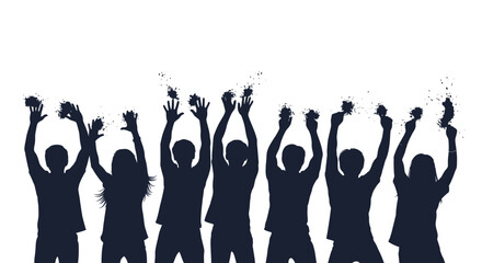 Group of people silhouettes with hands raised, celebrating success and throwing confetti.