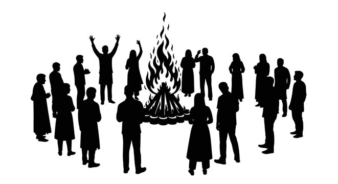 People silhouettes gathered around a bonfire, celebrating or performing a ritual, black and white illustration.