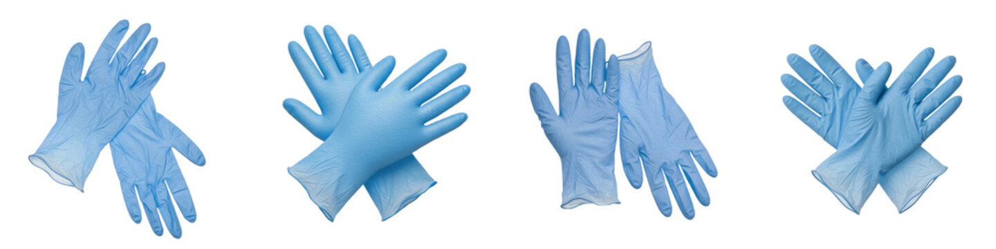 Set and collection of blue disposable nitrile medical gloves for surgical protection, laboratory safety, and clinical hygiene isolated on white transparent PNG background