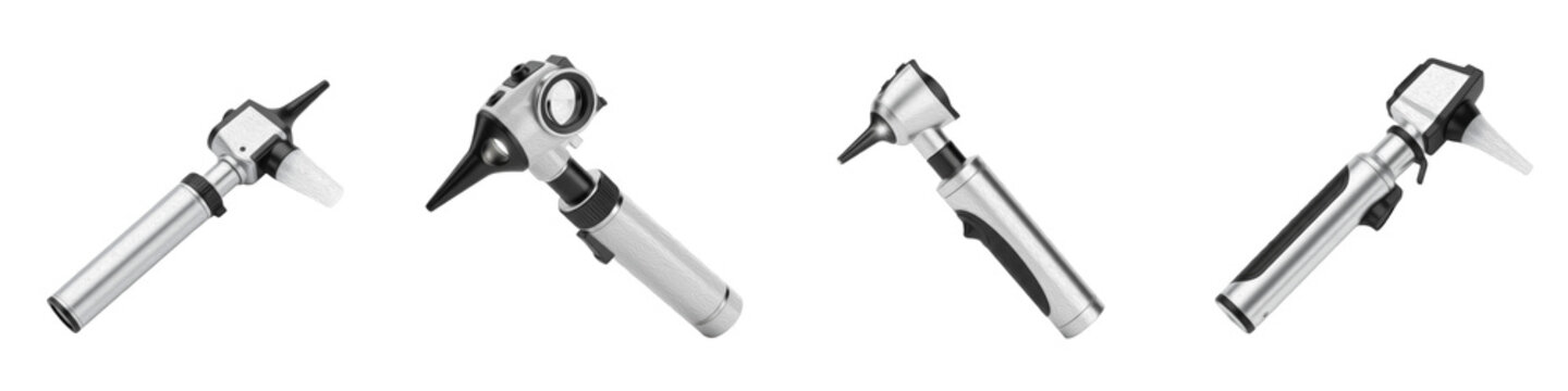 Set and collection of professional medical ophthalmoscopes and otoscopes for ear and eye diagnostic examinations isolated on white transparent PNG background