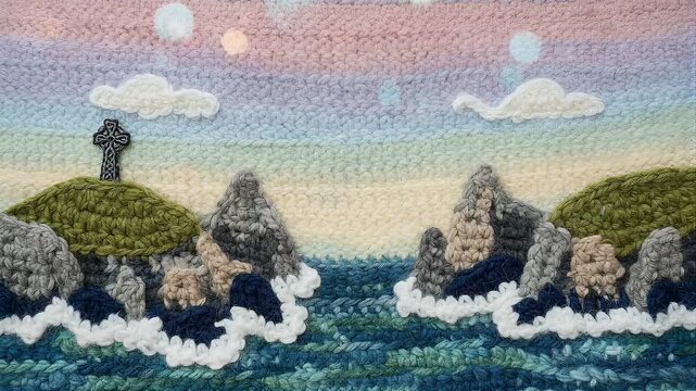 Knitted landscape with celtic cross on a green hill with ocean waves and sunset sky, blink effect for St Patrick day.