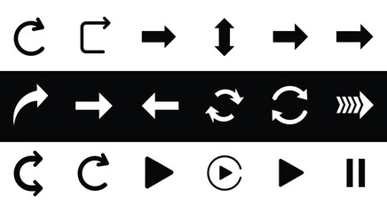 Diverse arrow and playback icons in black and white, representing navigation, direction, and media controls for digital interfaces