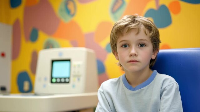 Child patient in pediatric clinic with colorful background and medical equipment