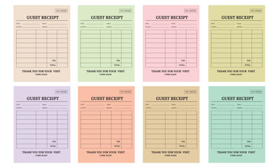 Obraz premium Eight colorful blank guest receipt forms set for restaurant and cafe billing, featuring fields for server, date, tax, and total amount, clean vector illustration.