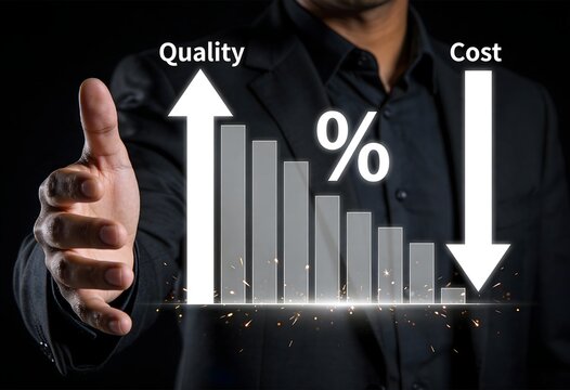 Businessman presenting a graph showing increased quality and decreased cost with a percentage sign.