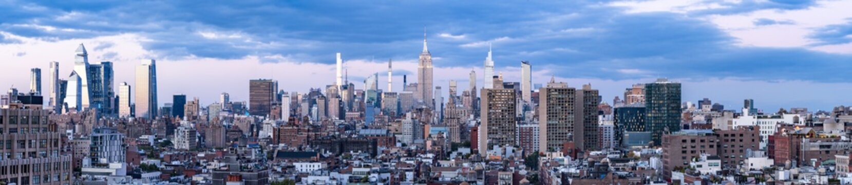 Manhattan skyline panorama at dusk, New York City, USA