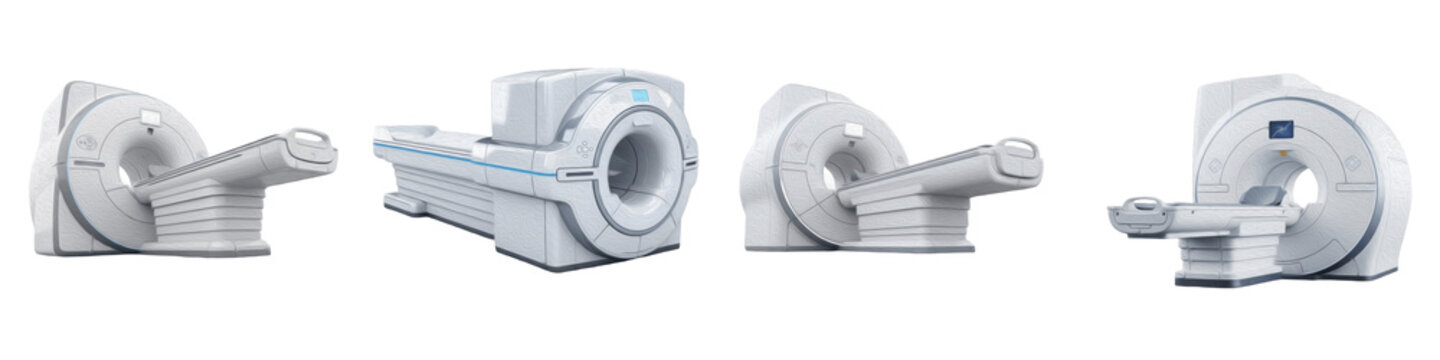 Set and collection of advanced MRI magnetic resonance imaging and CT scan diagnostic machines for hospital radiology department isolated on white transparent PNG background