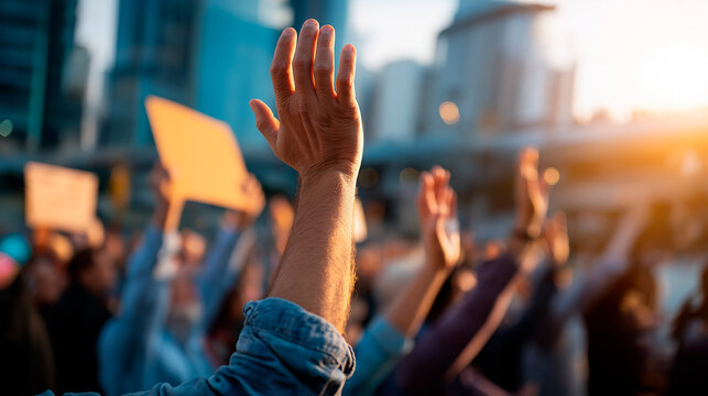 Hands at public demonstration with protest signs group participating in social movement gathering shown advocacy celebration with public participation visible outdoor urban
