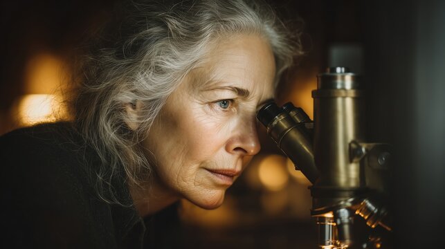 Senior Woman Looking Through Microscope in Laboratory Interior