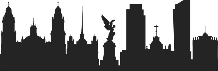 Mexico City skyline silhouette with historic cathedral towers and Angel of Independence monument, urban architecture panorama illustration isolated on white background.