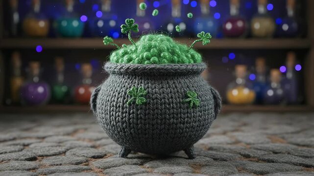 Knitted st Patrick day cauldron with glowing shamrocks, sparkling green brew, and magical potion bottles background changing light colors.
