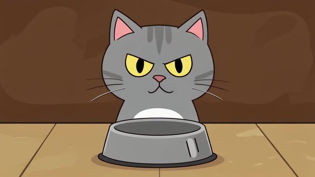 W&uuml;tende Cartoon Katze vor leerer Futtersch&uuml;ssel