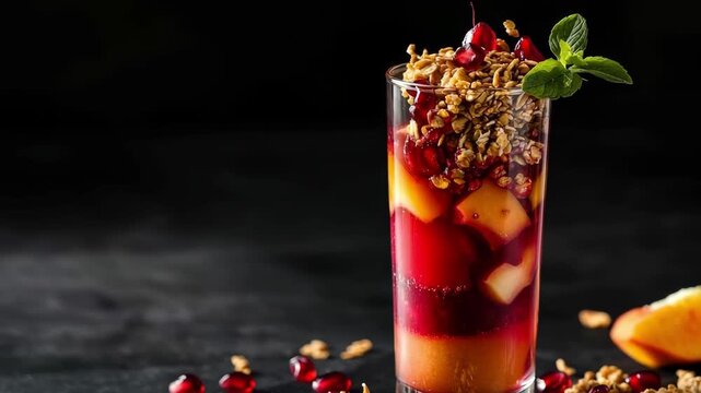 Vibrant fruit parfait with granola and mint leaves in a stylish glass