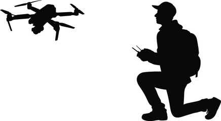 Silhouette of man controlling drone with remote controller, quadcopter flight technology concept, UAV pilot operating aerial camera illustration isolated on white background. © MSTALIFNUR