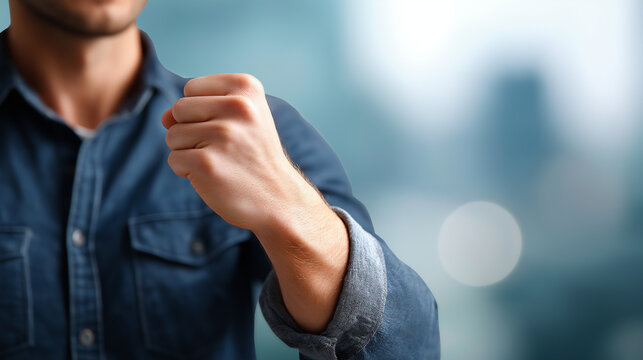 Hand striking strength pose with arm bent position person demonstrating power gesture for celebration empowerment observance with confident stance shown neutral background with