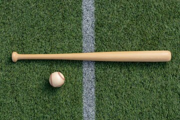 Wooden baseball bat and ball on grass field near foul line