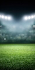 Obraz premium Empty football stadium at night with bright floodlights illuminating green grass field
