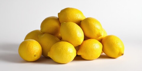 Fresh yellow lemons piled against white background