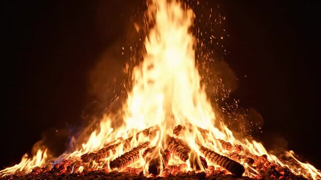 A large fire burns brightly with flames rising high. Logs are arranged in a triangle around the fire, creating warm glowing embers.