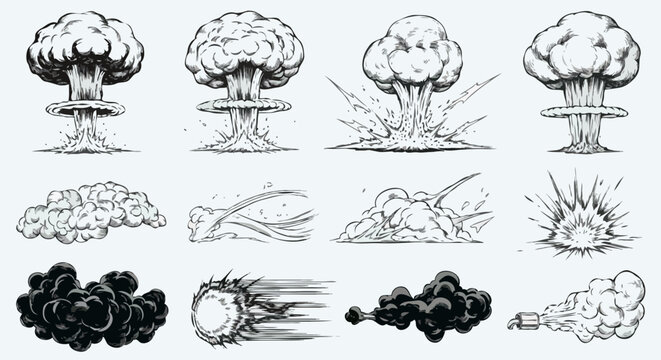 A hand-drawn sketch style collection of dynamic explosion and smoke effects, featuring detailed nuclear mushroom clouds, fiery bursts, high-speed meteor trails, and billowing dust clouds in vintage bl